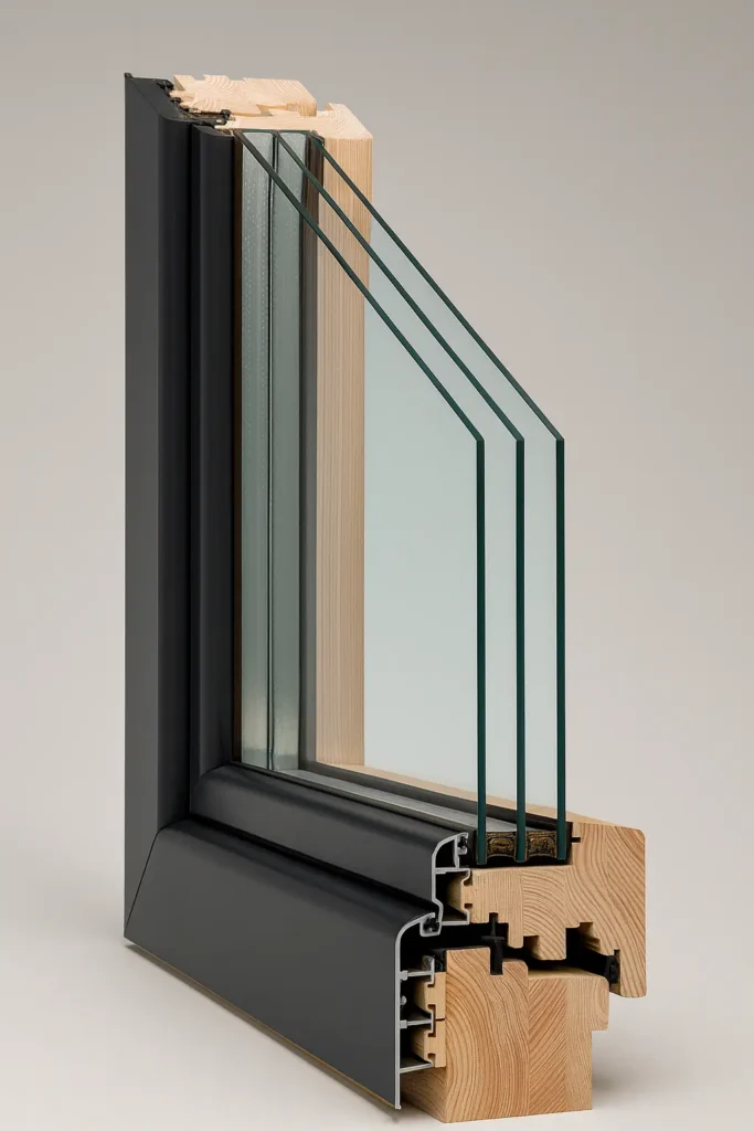 Querschnitt eines Holz-Aluminium-Fensters, das die Kombination aus Holz innen und einer Wetterschutzschale aus Alu außen zeigt