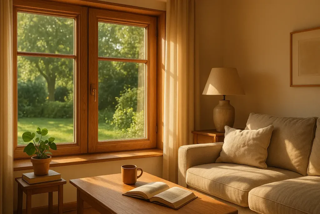 Hochwertiges Holzfenster aus Eiche in einem wohnlichen Wohnzimmer, das Natürlichkeit und Wärme ausstrahlt.