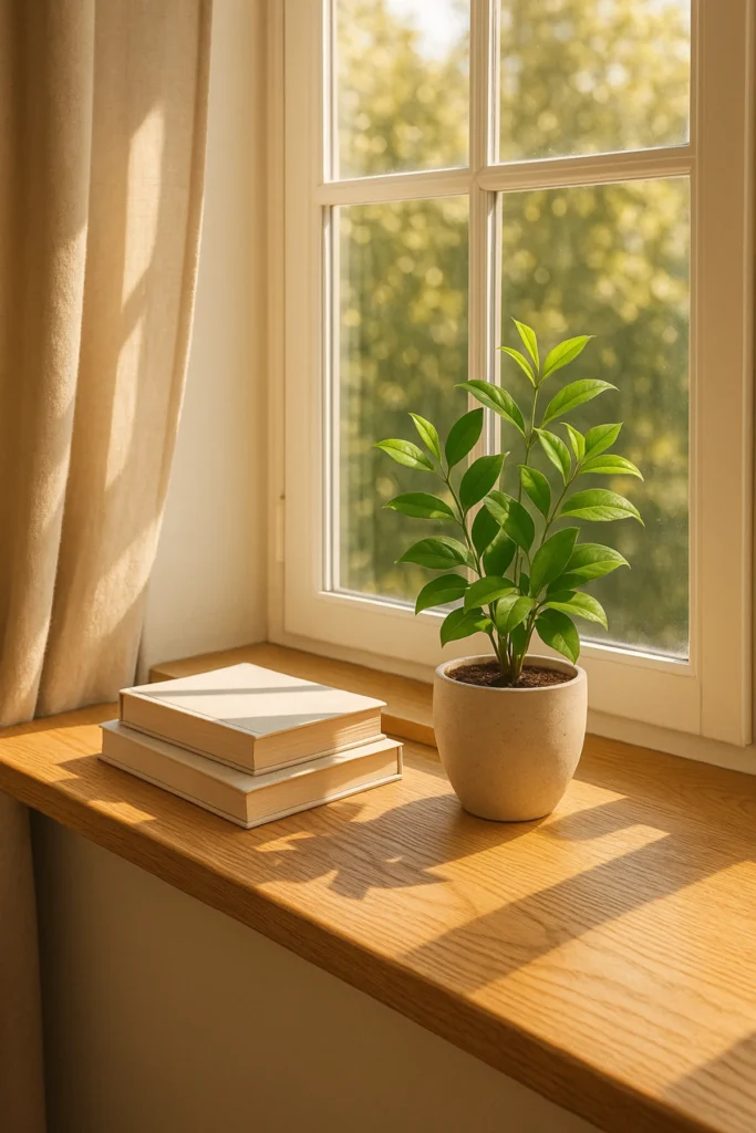 Eine stilvolle Innenfensterbank aus Eichenholz mit einer Pflanze und Büchern dekoriert.
