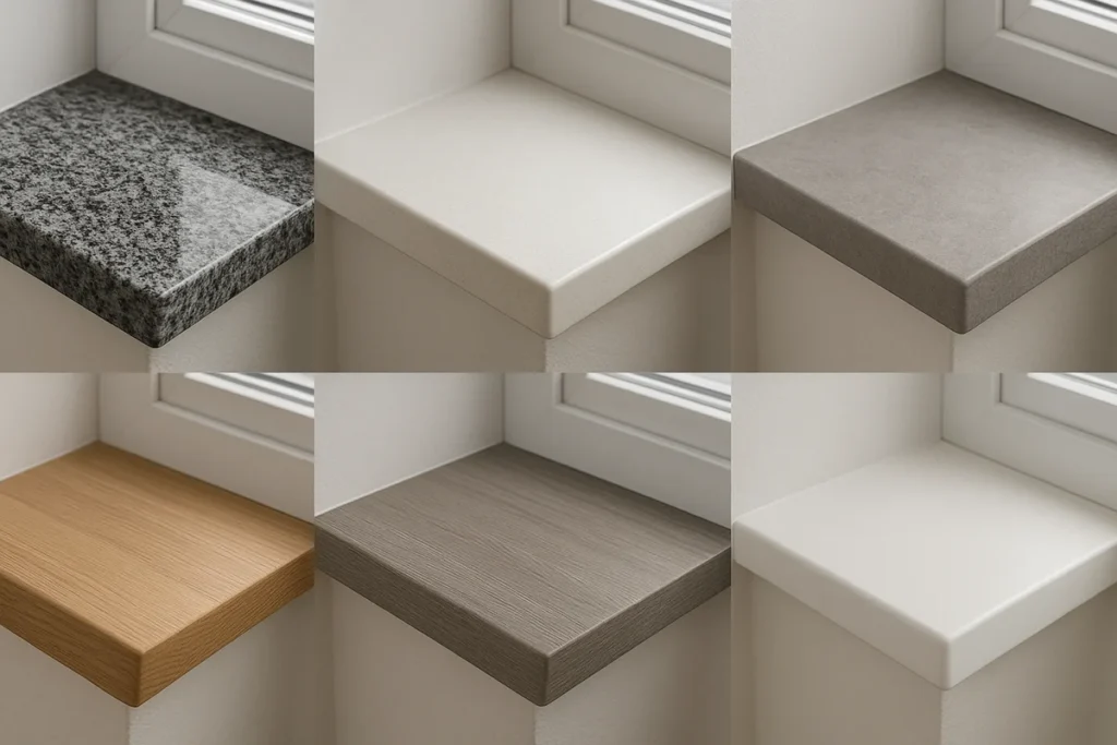 Vergleich von sechs Innenfensterbank-Materialien: Stein, Keramik, Holz, HPL und Kunststoff.
