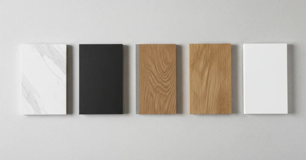 Materialmuster für Küchenarbeitsplatten im Vergleich: Quarzkomposit, Keramik, HPL, Holz und Mineralwerkstoff.