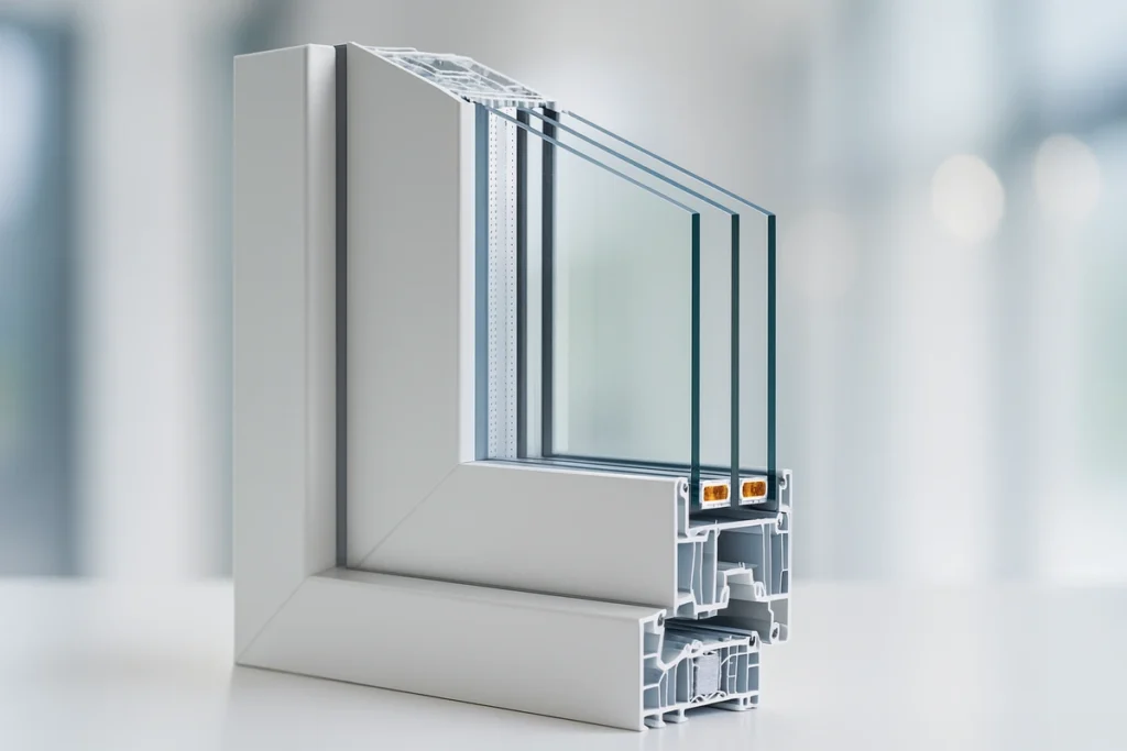 Querschnitt eines modernen Kunststofffenster-Profils mit Mehrkammer-System, Stahlkern und Mitteldichtung.