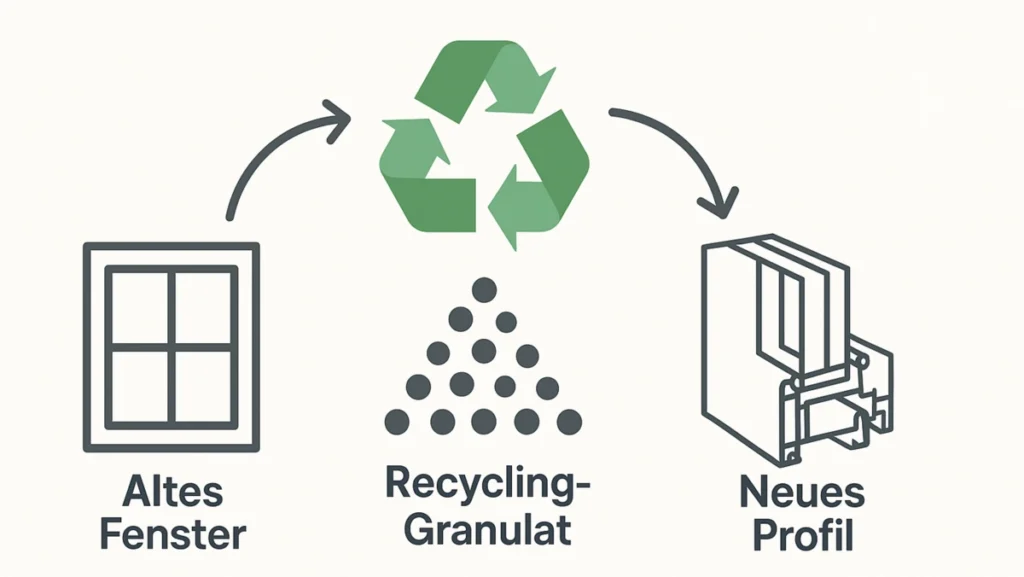 Infografik zum Recycling-Kreislauf von Kunststofffenstern, der Nachhaltigkeit und Ressourcenschonung zeigt.