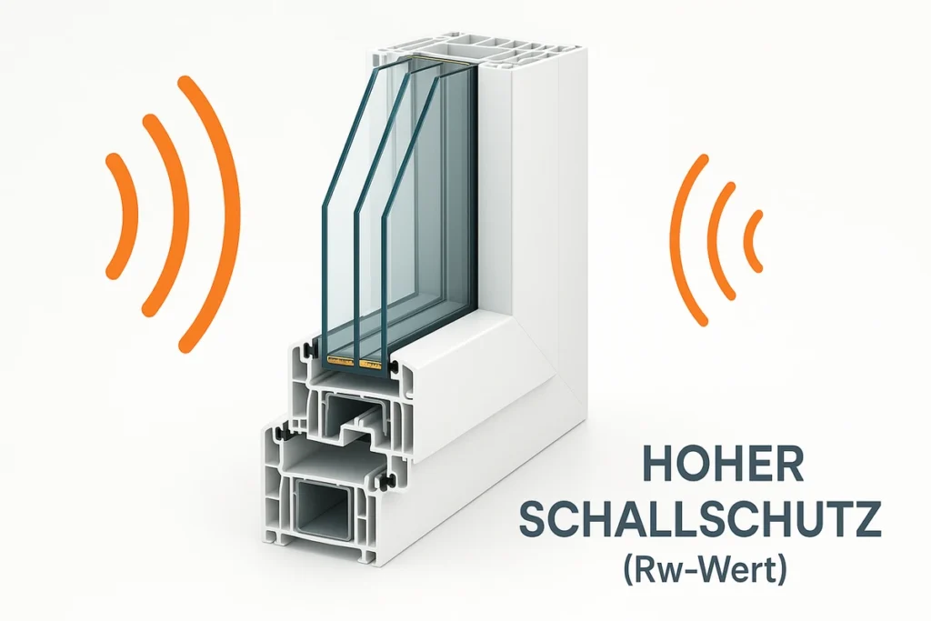 Grafik zur Funktionsweise von Schallschutz bei einem modernen Kunststofffenster mit Schallschutzverglasung.