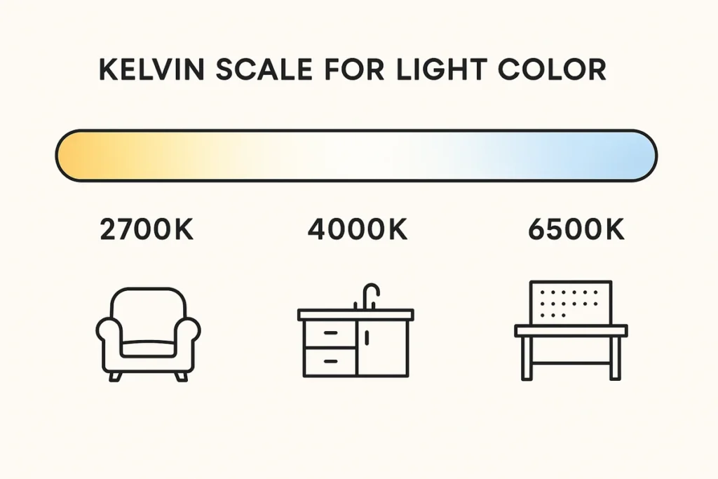 Eine Kelvin-Skala zeigt die unterschiedlichen Lichtfarben von Warmweiß bis Tageslichtweiß für die Lichtplanung.