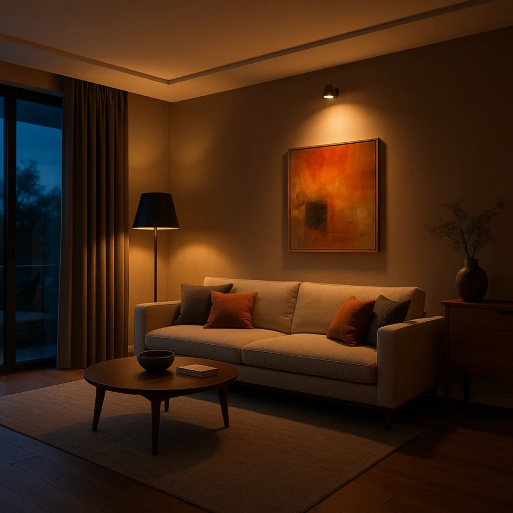 Ein Wohnzimmer mit professioneller Lichtplanung durch die Kombination von Grund-, Zonen- und Akzentbeleuchtung.