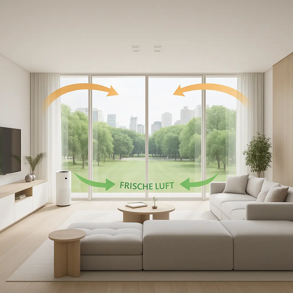 Ein modernes Wohnzimmer mit einem Lüftungskonzept für frische und gesunde Raumluft.