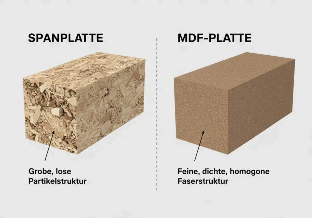 Technischer Vergleich der Trägerplatten: Eine MDF-Platte ist dichter und homogener als eine Spanplatte.