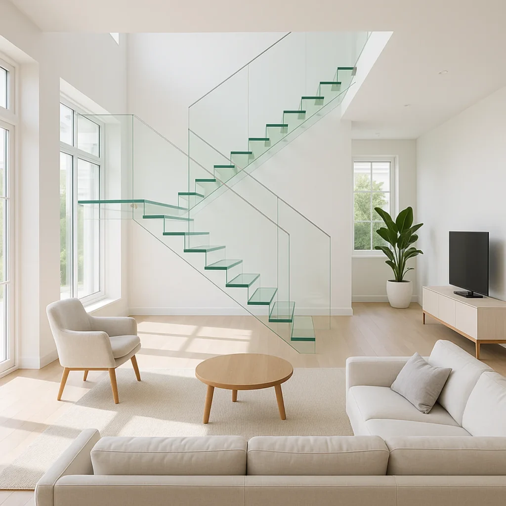 Eine moderne, freitragende Glastreppe als architektonisches Highlight in einem lichtdurchfluteten Wohnraum.
