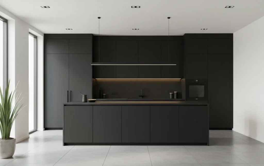 Moderne, matte Küchenfronten als zentrales Designelement einer hochwertigen Küche.