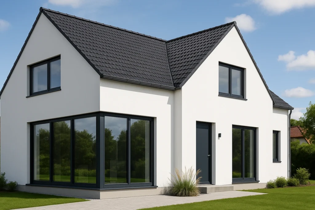 Modernes Einfamilienhaus mit hochwertigen Kunststofffenstern in Anthrazitgrau.