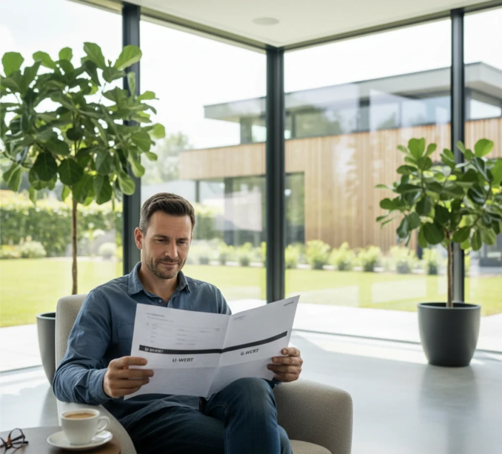 Eine Person vergleicht den U-Wert und g-Wert in einem Angebot für neue Fenster.