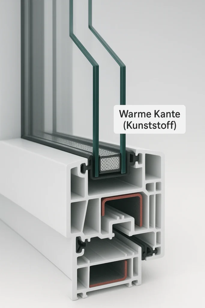 Detailansicht einer "warmen Kante" als Abstandhalter in einer modernen Zweifachverglasung.