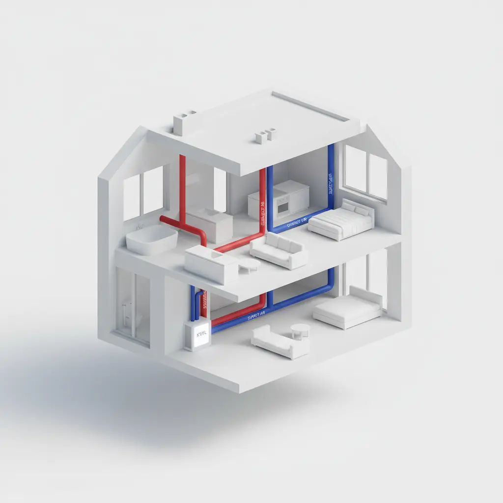 Schema einer zentralen Wohnraumlüftung (KWL) mit Wärmerückgewinnung in einem Neubau