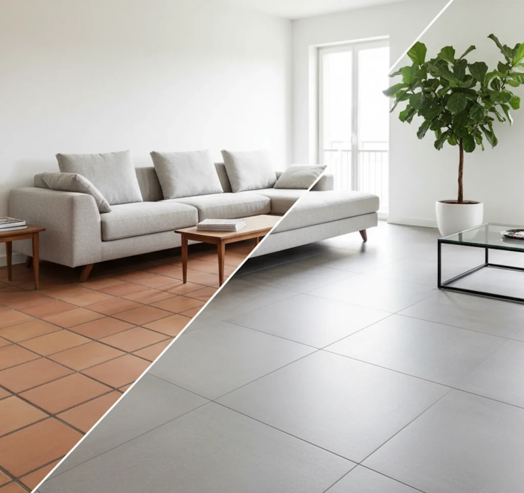 Vorher-Nachher-Effekt bei der Renovierung eines alten Fliesenbodens zu modernen großformatigen Fliesen.