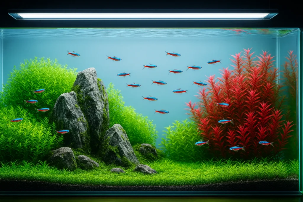 Ein prächtig beleuchtetes Pflanzenaquarium (Aquascape) mit gesunden Pflanzen und farbenfrohen Fischen