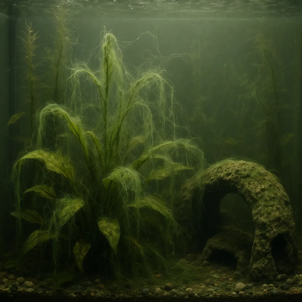 Ein Aquarium mit einem Algenproblem, verursacht durch ein Ungleichgewicht von Licht und Nährstoffen.