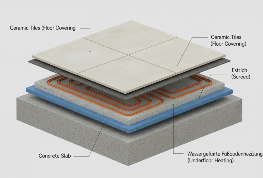 Aufbau einer Warmwasser-Fußbodenheizung im Estrich mit Fliesen als Bodenbelag.