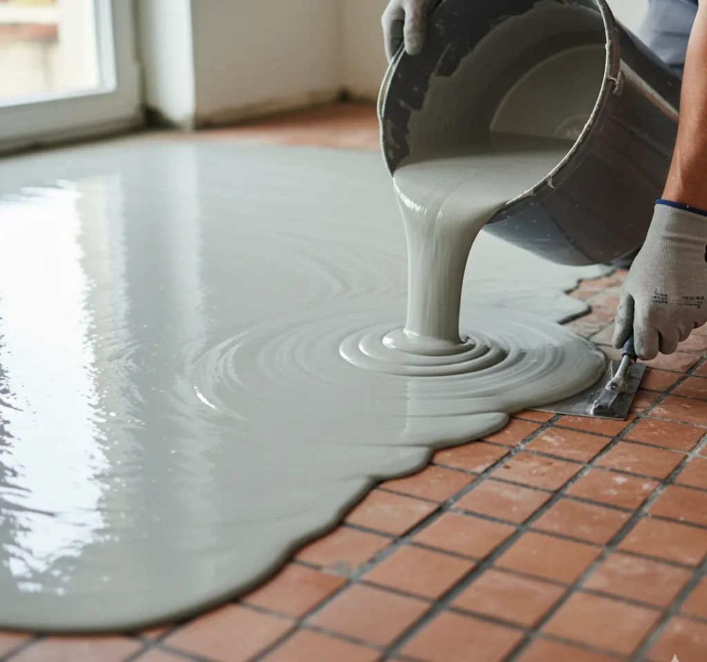 Eine selbstverlaufende Ausgleichsmasse wird auf alte Fliesen aufgetragen, um einen ebenen Untergrund für Vinylboden zu schaffen.