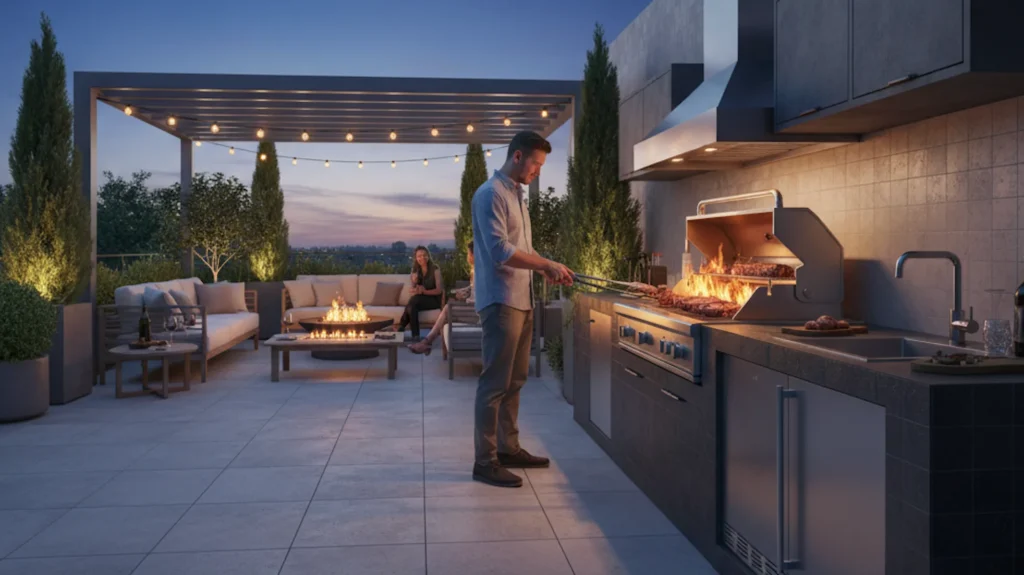 Eine moderne, gut geplante Außenküche mit einem Einbau-Gasgrill und einer Arbeitsplatte aus Keramik.