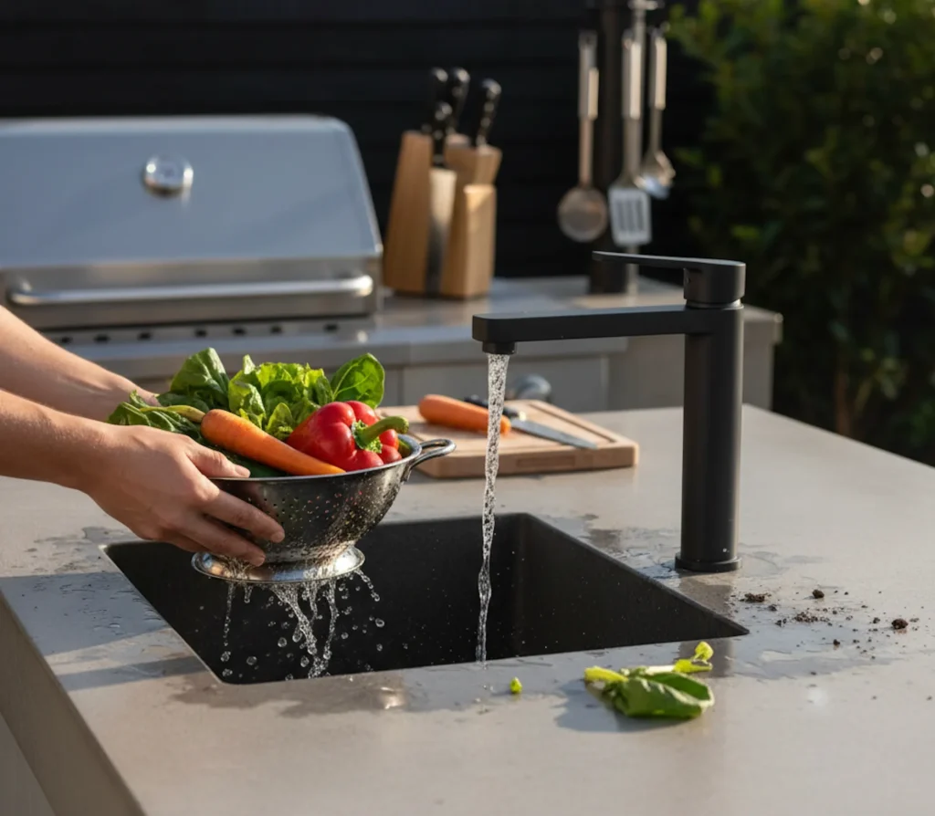 Ein praktischer Außenwasserhahn mit Spüle, integriert in die Arbeitsplatte der Außenküche.