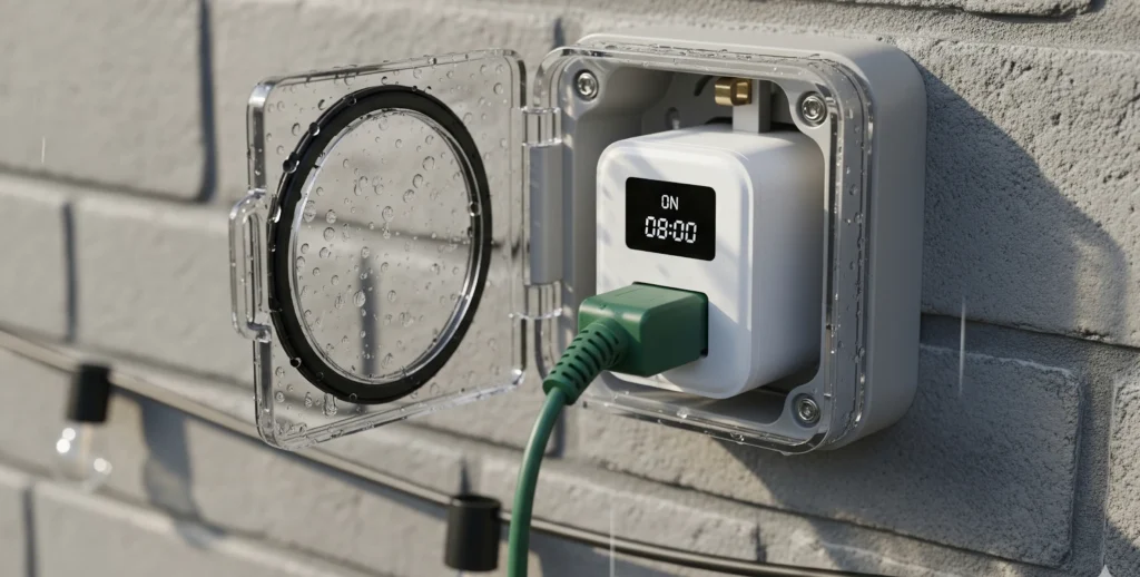 Eine wetterfeste IP44-Außensteckdose mit einer smarten Zeitschaltuhr für die Weihnachtsbeleuchtung.