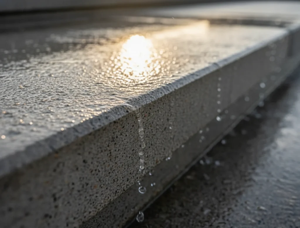 Wasser perlt von einer gut konstruierten Außentreppe ab und zeigt die funktionierende Entwässerung.