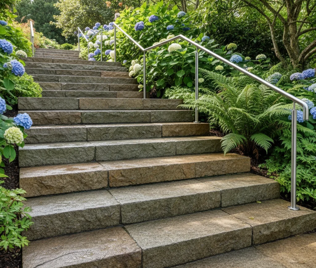 Eine sichere und moderne Außentreppe aus rutschfesten Natursteinplatten, die in den Garten führt.