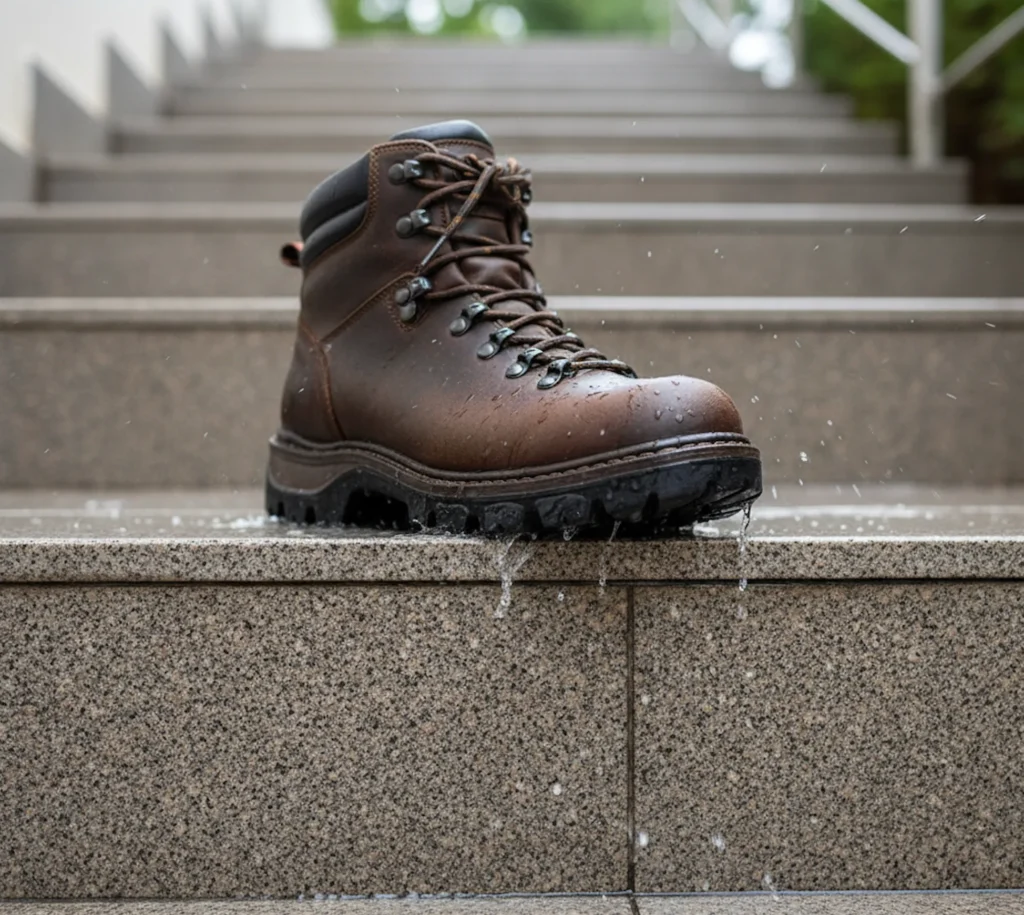 Ein rutschfester Fliesenbelag der Klasse R11 sorgt für sicheren Halt auf der Außentreppe, auch bei Nässe.