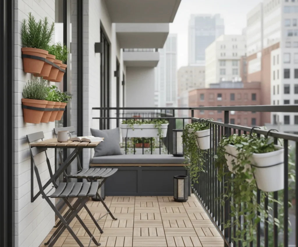 Ein schmaler Balkon, clever eingerichtet mit Klappmöbeln und vertikalen Pflanzen, um Platz zu sparen.