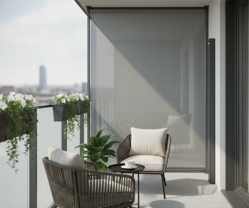 Eine seitliche Markise als moderner und flexibler Sichtschutz auf dem Balkon.