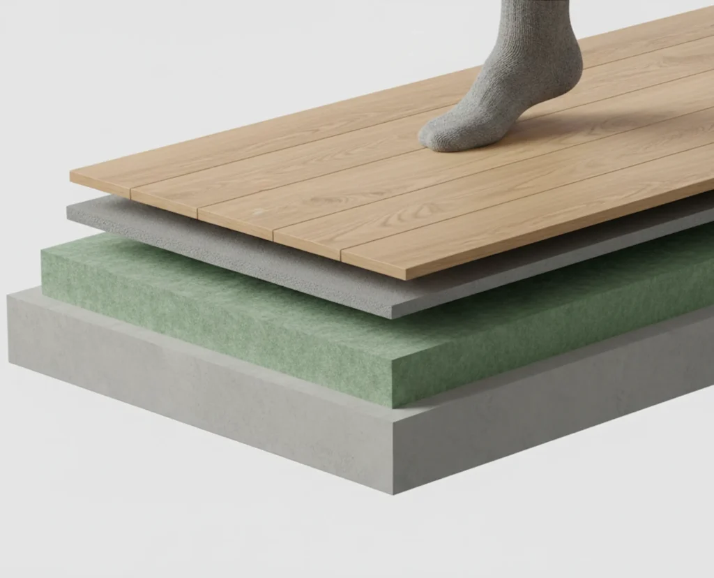 Schichtenaufbau eines Bodens mit Trittschalldämmung zur Reduzierung von Gehschall.