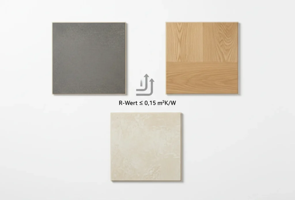 Vergleich von geeigneten Bodenbelägen für eine Fußbodenheizung: Fliesen, Parkett und Vinyl.