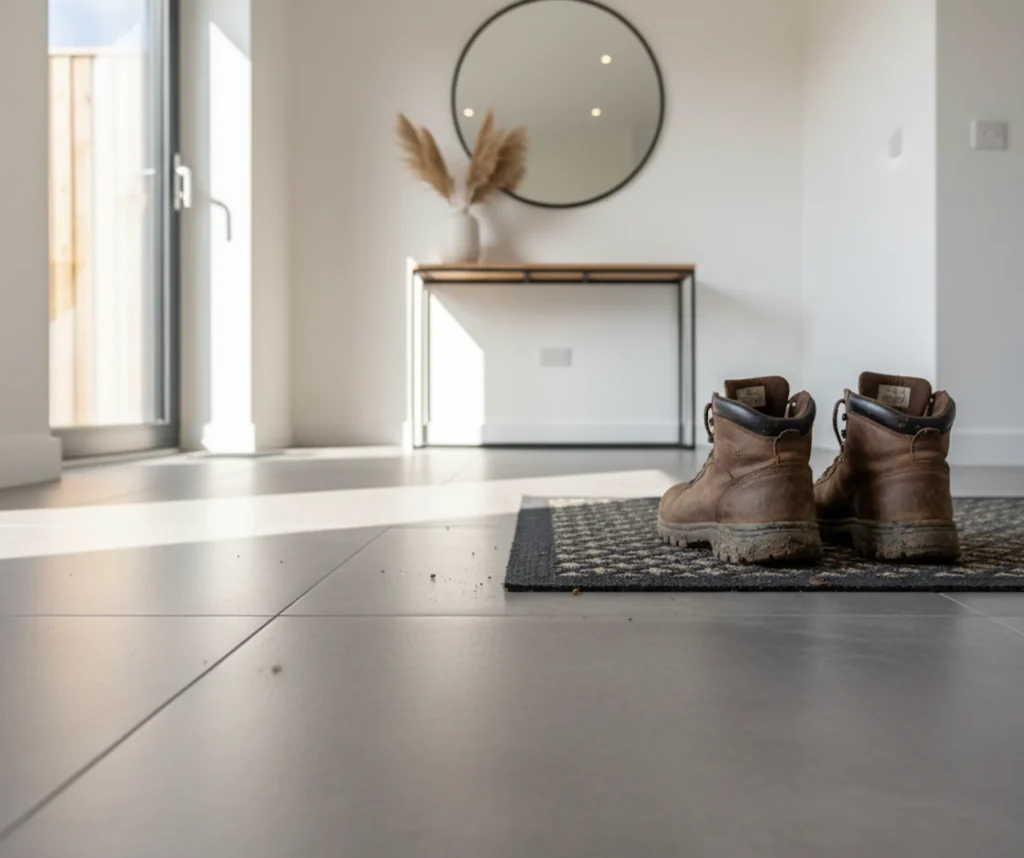 Ein moderner Flur mit einem robusten und pflegeleichten Fliesenboden, ideal für den Eingangsbereich.