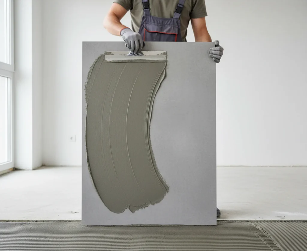 Das Buttering-Floating-Verfahren: Kleber wird auf den Untergrund und die Fliesenrückseite aufgetragen.