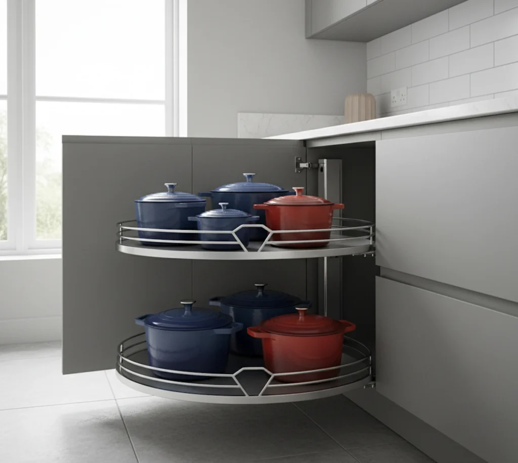 Ein Le-Mans-Auszug in einem Eckschrank, der schwere Töpfe vollständig und ergonomisch zugänglich macht.