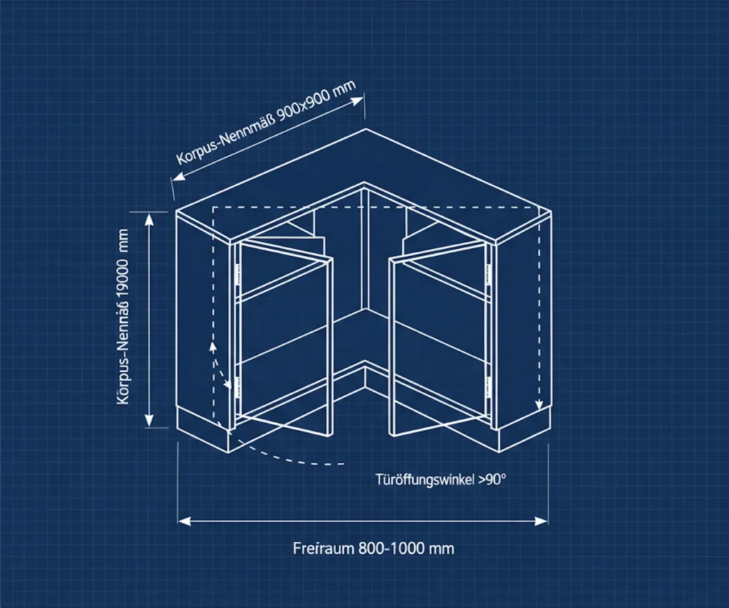 Technische Zeichnung mit den wichtigsten Planungsmaßen für einen Küchen-Eckschrank