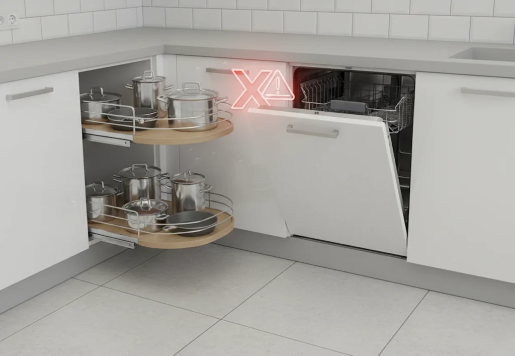 Planungsfehler in der Küche: Kollision zwischen einem Eckschrank-Auszug und der offenen Geschirrspülertür