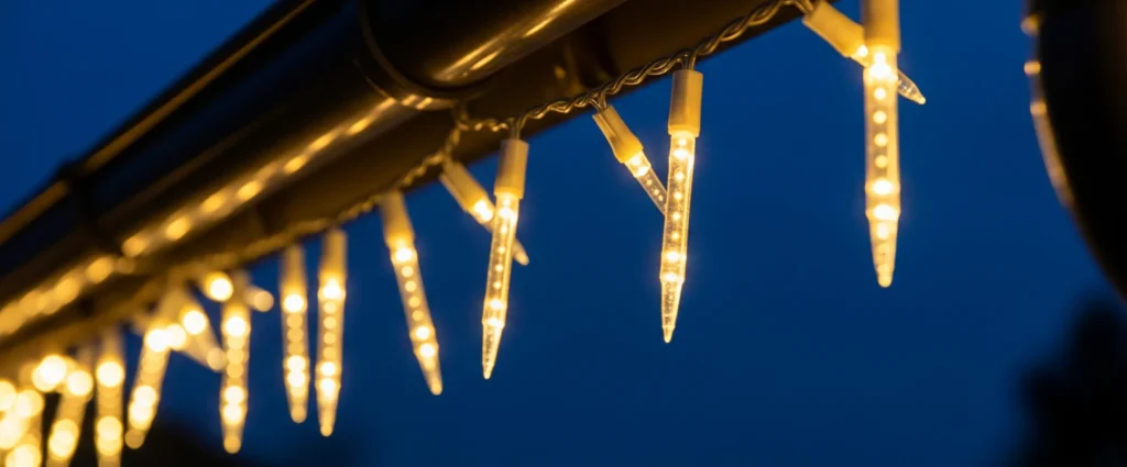 Stilvolle Eiszapfen-Lichterkette in Warmweiß an einer Dachrinne als Weihnachtsdekoration.