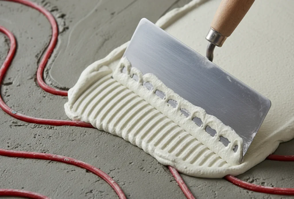 Flexibler S1-Fliesenkleber wird auf einem Estrich mit Fußbodenheizung aufgetragen.