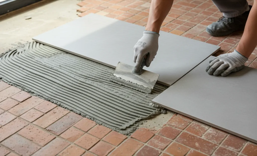 Ein Handwerker verlegt neue Fliesen direkt auf einem alten Fliesenbelag nach korrekter Grundierung.