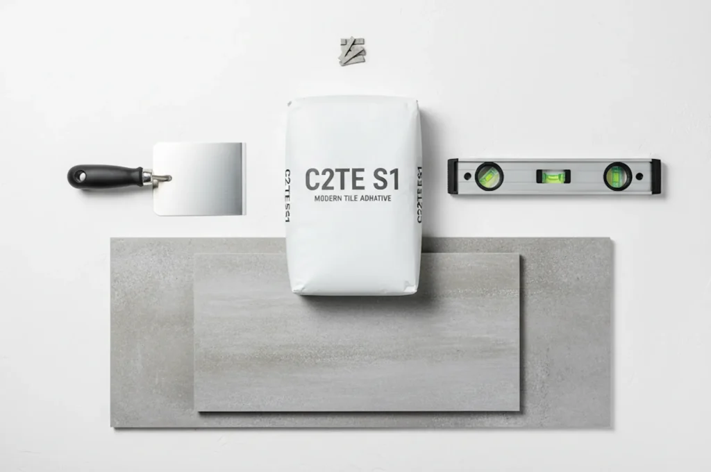 Ein Sack C2TE S1 Flexkleber als universelle Lösung für die Fliesenverlegung, umgeben von Werkzeug.