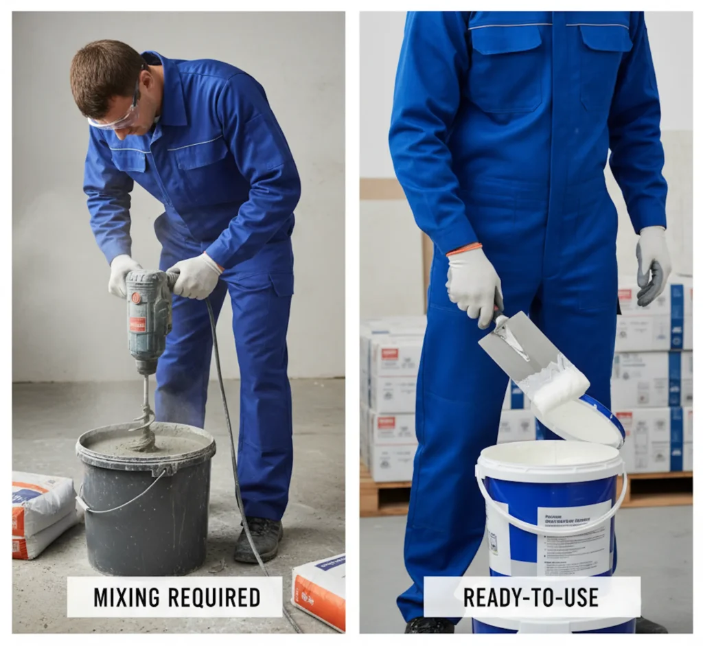 Vergleich der Verarbeitung: Zementärer Fliesenkleber muss angemischt werden, Dispersionskleber ist gebrauchsfertig