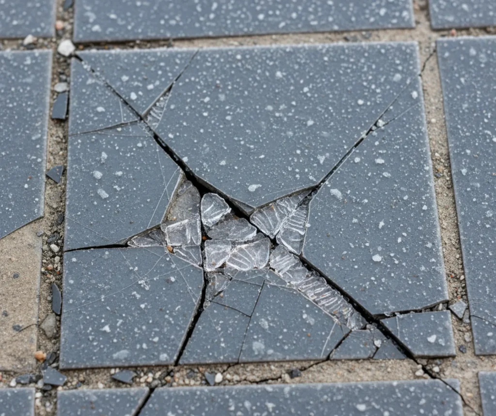Eine durch Frostschaden geplatzte und abgeplatzte Fliese auf einem Balkon im Winter.