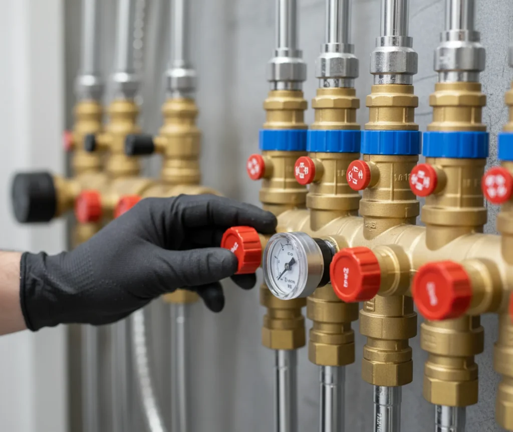 Ein Installateur stellt den hydraulischen Abgleich am Heizkreisverteiler der Fußbodenheizung ein.