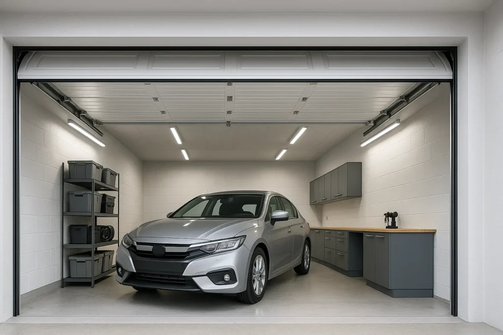 Eine modern und hell beleuchtete Garage mit seitlichen LED-Leuchten, die auch bei offenem Sektionaltor für Helligkeit sorgen.