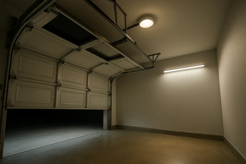 Ein offenes Garagentor verdeckt die Deckenleuchte, während die seitliche Wandleuchte den Bereich weiterhin erhellt.