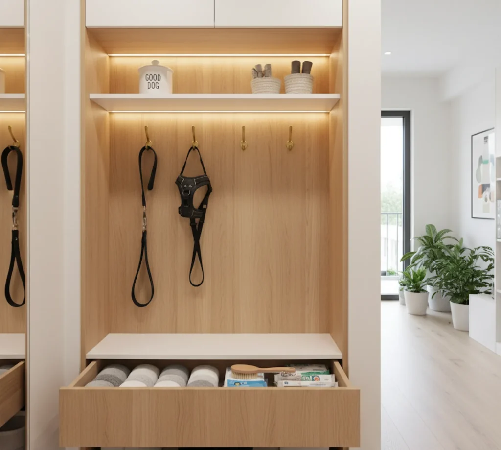 Eine maßgefertigte Garderobe mit integrierter „Care-Station“ für Hundezubehör wie Leinen und Pflegetücher.