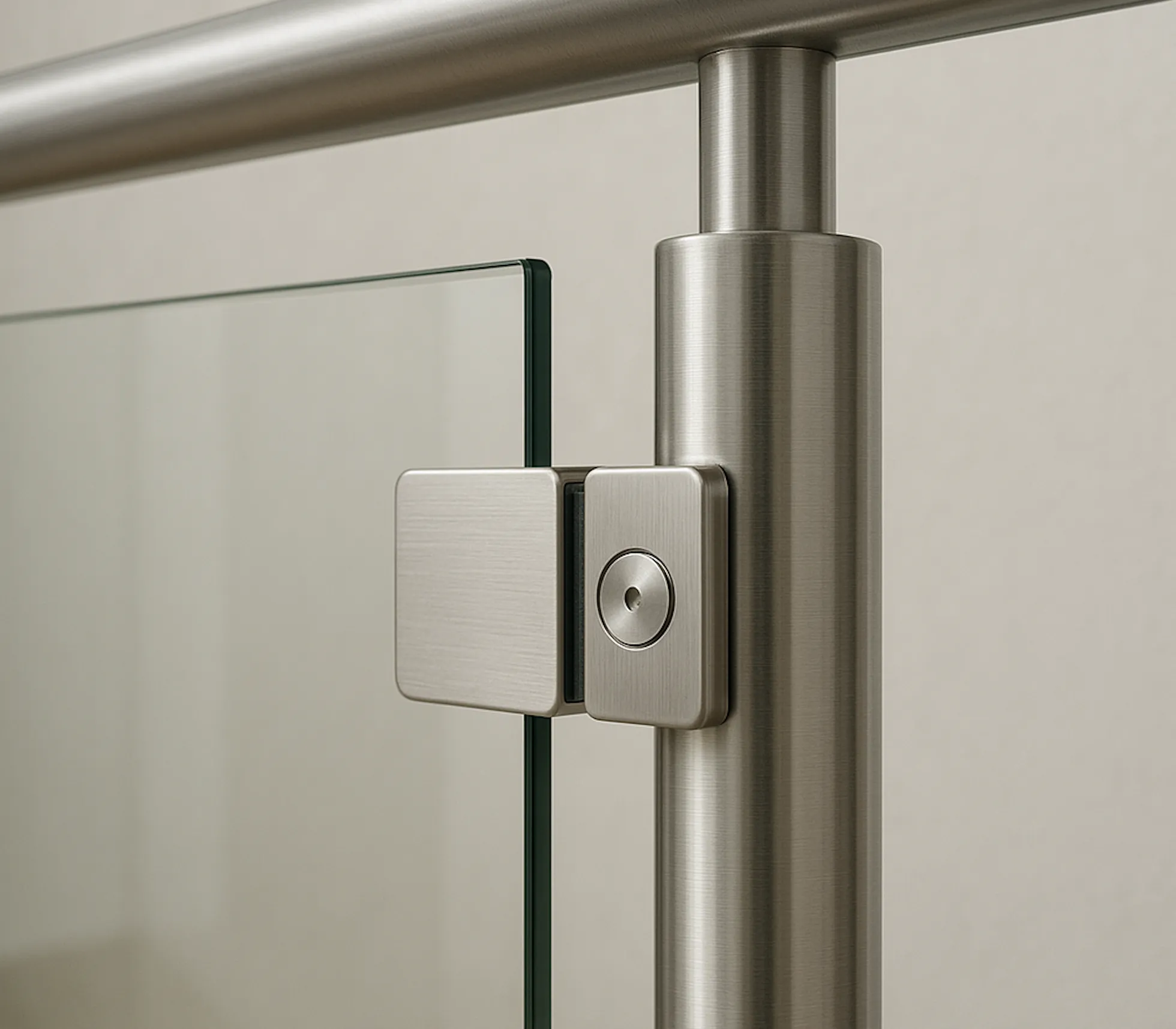 Detailaufnahme einer modernen Glasfüllung, die mit Klemmhaltern aus Edelstahl am Geländerpfosten befestigt ist.