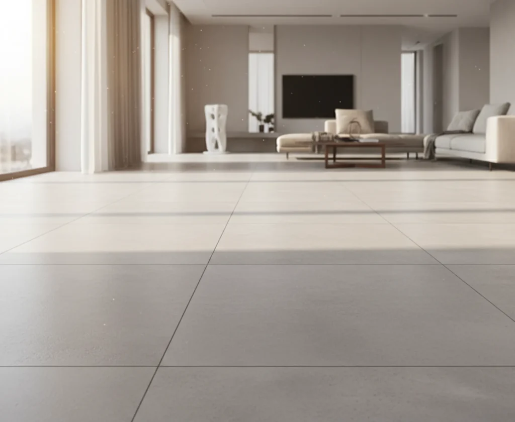 Ein moderner Boden mit großformatigen Fliesen und einer sehr schmalen, präzisen Fuge von 2 mm